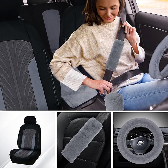 Car Seat Cover Full Set for Women with Floor Mats,3D Air Mesh Car Seat Cover with 5mm Composite Sponge Inside,Universal Fluffy Steering Wheel Cover, Accessories Full (Grey)