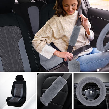 Car Seat Cover Full Set for Women with Floor Mats,3D Air Mesh Car Seat Cover with 5mm Composite Sponge Inside,Universal Fluffy Steering Wheel Cover, Accessories Full (Grey)