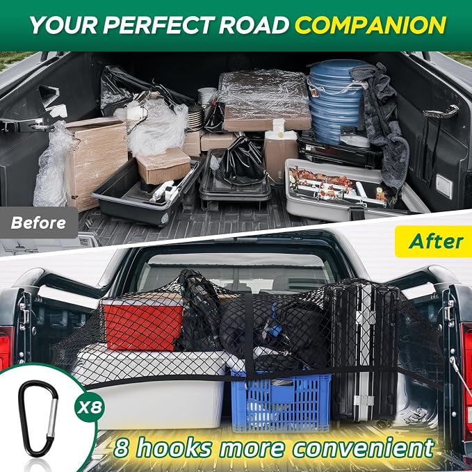 Heavy Duty Cargo Net for Pickup Truck Bed - 4' x 4' Stretches to 8' x 8' - Sturdy Latex Bungee Net Mesh - Truck Bed Accessories for Dodge RAM, Ford, Chevy, Toyota
