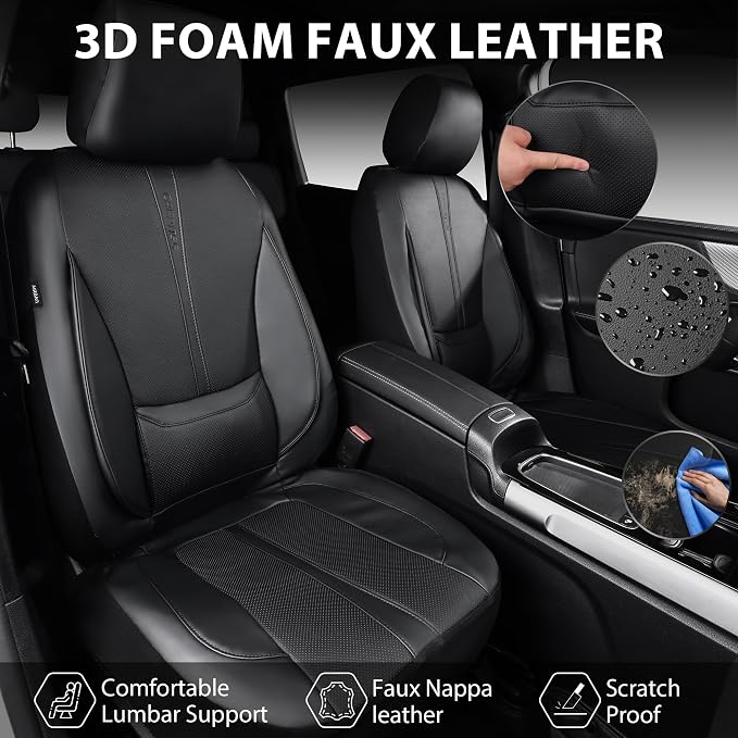 CAR PASS Nappa Leather Car Seat Covers Full Set, Water Resistant 3D Foam Faux Leather Seat Covers with Lumbar Support, Automotive Seat Covers 5 Seats Comfort & Universal Fit for Cars SUV Truck, Black
