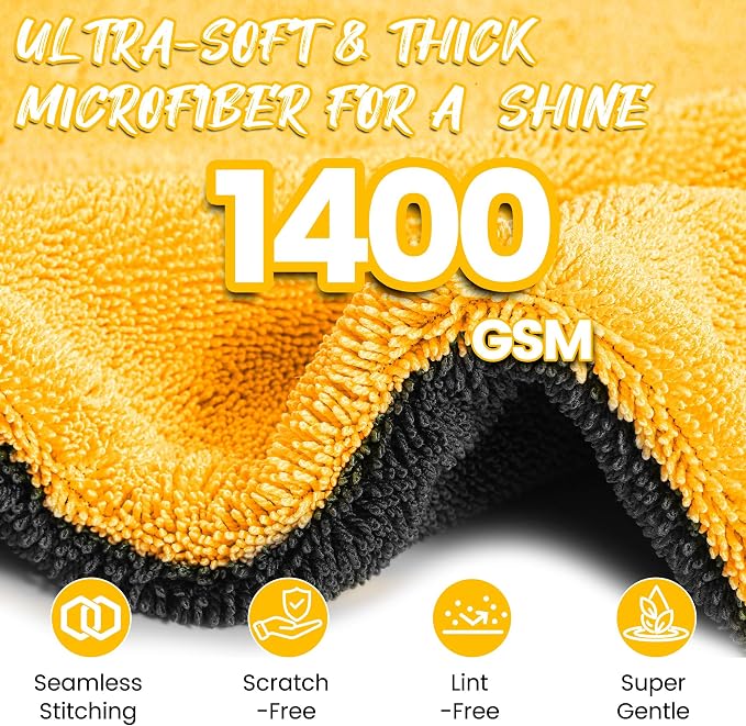 PUGPIU Car Drying Towel - 1400GSM Extra Large Super Absorbent Microfiber Towels for Cars 24"x36" - Large Edgeless with Twisted Loop, Lint-Free & Streak-Free for Auto Detailing, SUV, Truck (Yellow)