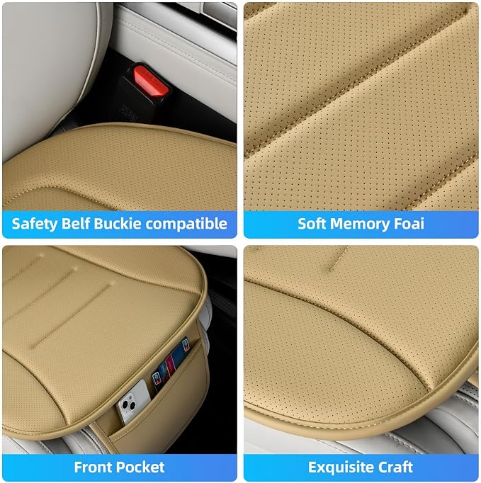 KAYI Car Seat Cushion, Comfort Memory Foam Car Cushions for Driving, Breathable Leather Surface with Anti Slip Rubber Bottom, Seat Cushion for Car and Office Chair (1 Pack, Beige)