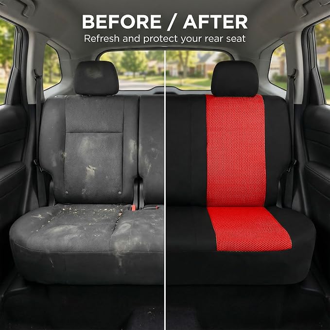 FH Group Automotive Rear Car Seat Covers for SUV, Trucks, Sedan and More - Universal Fit Front High Back & Rear Solid Bench Design Interior Accessories - 3D Mesh Fabric Center Panel - Red