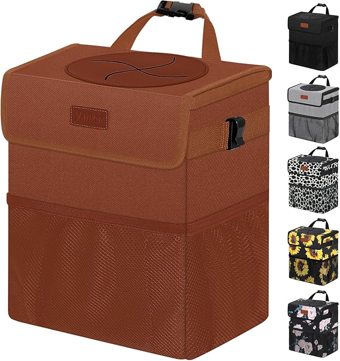 Vankor Car Trash Can, Brown, 2.2 Gallons Capacity, Waterproof, Polyester Material, Adjustable Strap, Hanging Design, Leakproof Lining, 100% PEVA Thickness
