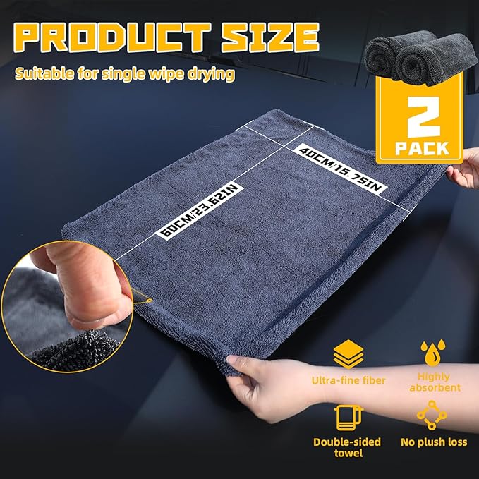 2-Pack Double-Twist Pile Microfiber Towels for Cars 1300 GSM Car Drying Towels (23.62" x 15.75") Ultra Absorbent Microfiber Towel, Streak-Free & Scratch-Free Car Cleaning Supplies with Edgeless Design