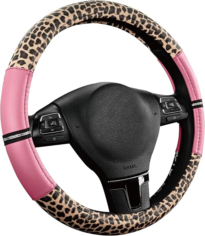 Road Comforts Leopard Steering Wheel Cover for Women, Cute Anti-Slip Microfiber Leather, Universal Fit 14.5-15 Inch Round Steering Wheel - Pink