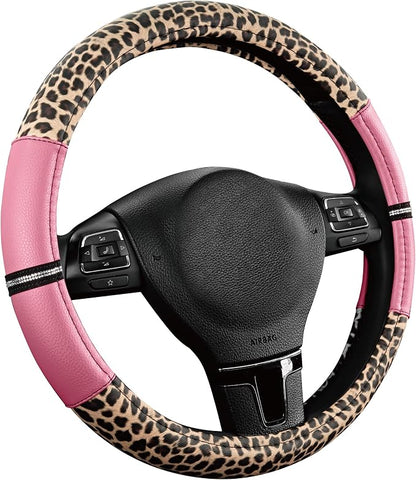 Road Comforts Leopard Steering Wheel Cover for Women, Cute Anti-Slip Microfiber Leather, Universal Fit 14.5-15 Inch Round Steering Wheel - Pink