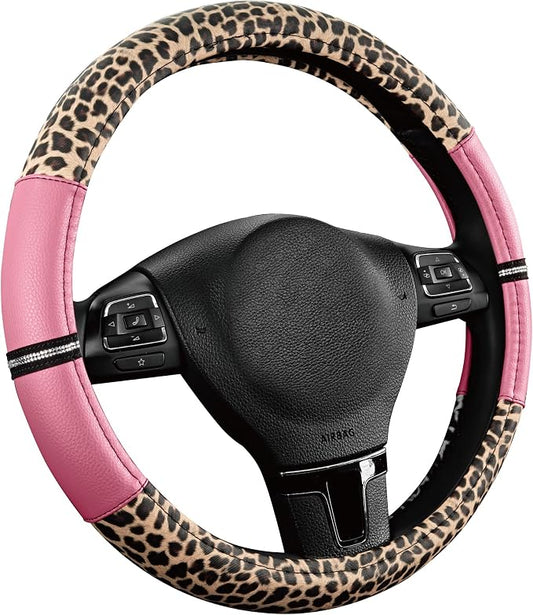 Road Comforts Leopard Steering Wheel Cover for Women, Cute Anti-Slip Microfiber Leather, Universal Fit 14.5-15 Inch Round Steering Wheel - Pink