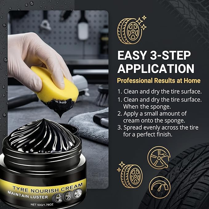 Tyre Nourish Cream, Restores Black Gloss Tire Wax Cream for Cars, Powerful Wheel Cleaning Refurbish Wax to Maintain Luster, UV Protection and Waterproof Formula for Car Tires
