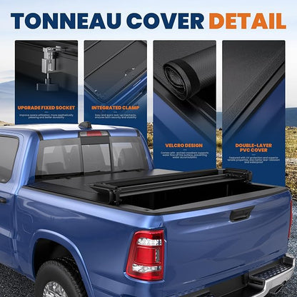 KUIPERAUTO Roll-Up Soft Vinyl Truck Bed Tonneau Cover Fleetside Compatible with 2019 2020 2021 2022 2023 2024 2025 2026 Ram 1500 New Body No RamBox On Top (6.4/6.5 FT Feed Bed)