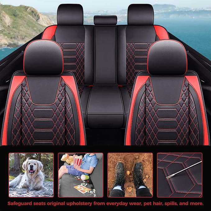 FREESOO Car Seat Covers Leather, Seat Cover Full Set Waterproof Automotive Cushion Protector Accessories Airbag Compatible Universal Fit for 5 Seats Vehicle (Black Red 8)