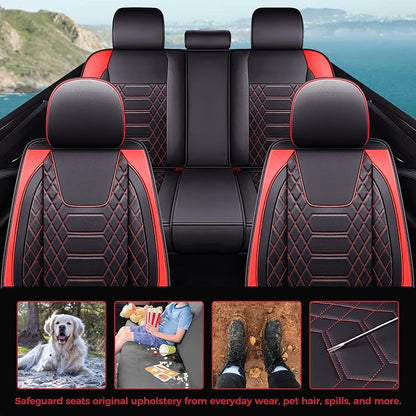 FREESOO Car Seat Covers Leather, Seat Cover Full Set Waterproof Automotive Cushion Protector Accessories Airbag Compatible Universal Fit for 5 Seats Vehicle (Black Red 8)