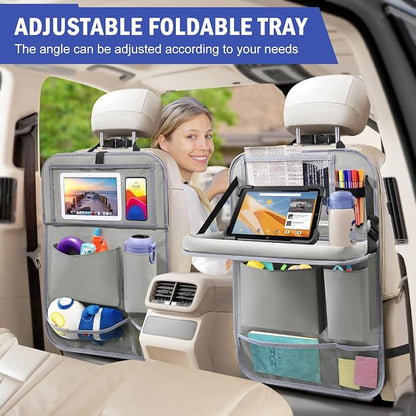 2Pack Car Backseat Organizer with Foldable Table Tray,6 Storage Pockets Car Storage Organizer with Tablet Holder,Car Seat Back Protectors Kick Mats Travel Accessories (Grey)