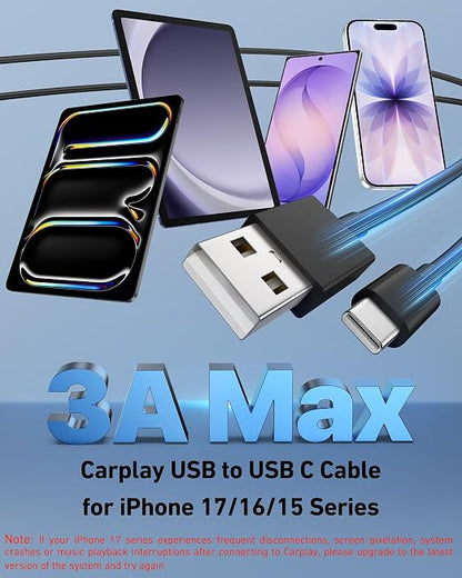 Car Carplay Cable for iPhone 17/17 Pro/Air/17e/16/15 Pro Max/Plus Cable, 2Pack USB A to USB C for CarPlay USBC Cord, iPad, Galaxy, Pixel, Android Accessories Charging Wire Type-C Car Charger Cord 3FT