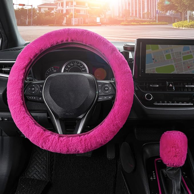SEG Direct Furry Car Steering Wheel Cover with Gear Shift Cover, Soft and Warm, Cute Fluffy Auto Decor for Women Men, Standard Size, 2 PCS Set, Magenta