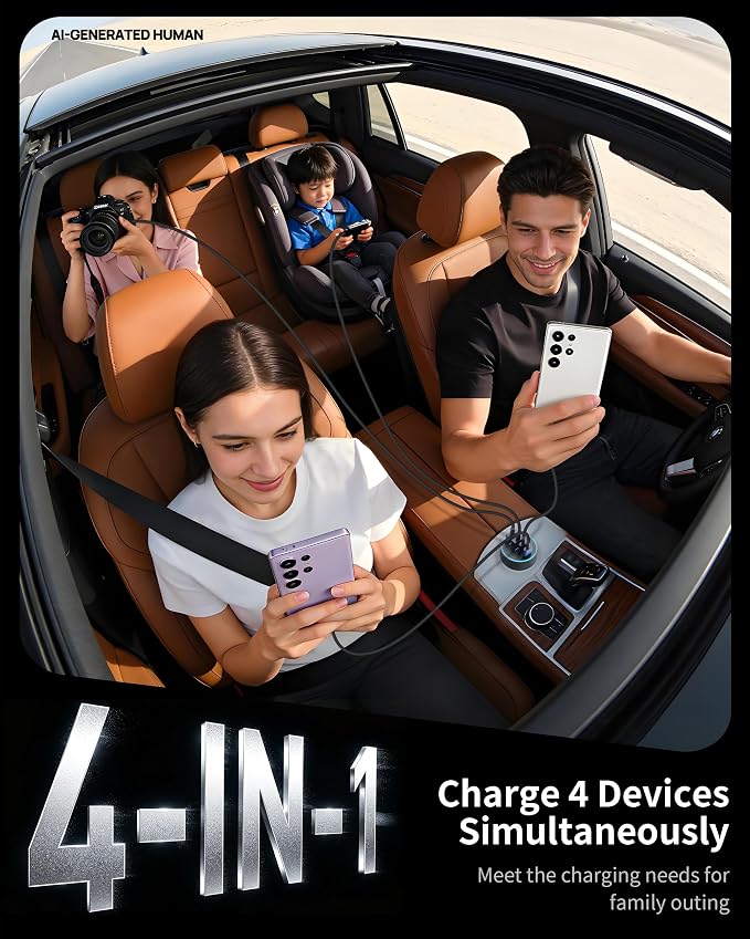 Car Charger USB C, 4-Port 90W Super Fast Charging Car Phone Charger Accessories Dual USB-C & USB-A Cargador Carro Cigarette Lighter Adapter for iPhone 17 16 15 14 13 12, iPad, Galaxy, Tablet, Android