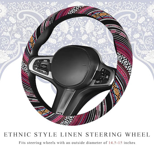 Boho Car Steering Wheel Cover, Ethnic Style Anti-Slip Coarse Flax Cloth Auto Wheel Cover, Bohemian Steering Wheel Protector for Most SUVs Vans Trucks, Car Accessories (Style J)
