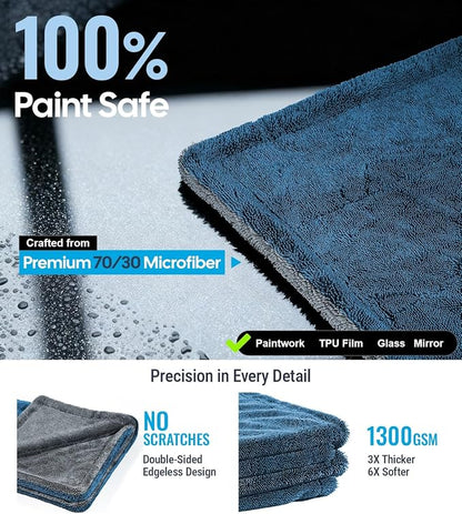 Wigoo Premium Microfiber Car Drying Towel 1300GSM, 2-Size Set[36"×24"+16"×16" Ultra-Absorbent, No Streaks & Scratches] Dual-Sided Edgeless Wash Towels with Twisted Loop, for Cars Detailing, SUV, Truck