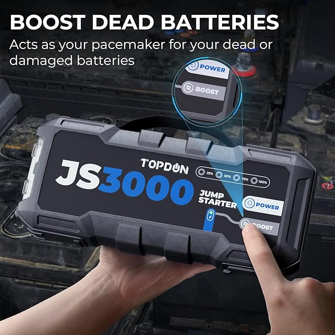 JS3000 12V 3000A Battery Booster Jump Starter Pack for Up to 9L Gas/ 7L Diesel Engines, Portable Car Battery Charger with Handle Jumper Cable and EVA Protection Case