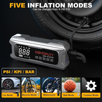 6000A Jump Starter with Air Compressor, PD 65W Fast Recharging,Portable Car Battery Jumper Starter for All Gas &10.0L Diesel, Dual Cylinder Fast Inflator with Light,12V Battery Booster Emergency Kit