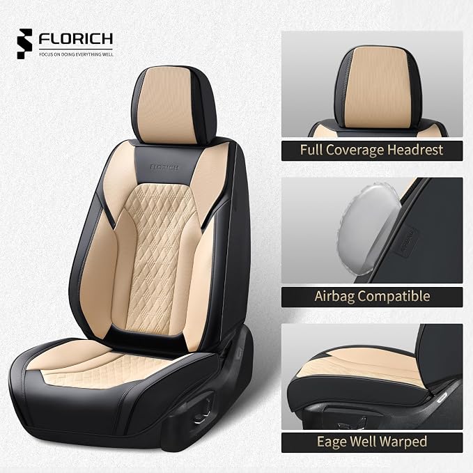FLORICH Seat Covers, Car Seat Covers Full Set, Luxury Nappa Leather Seat Covers, Breathable and Waterproof Car Seat Protector 5 Seat, Automotive Seat Covers Universal Fit for Most Cars-Black&Beige