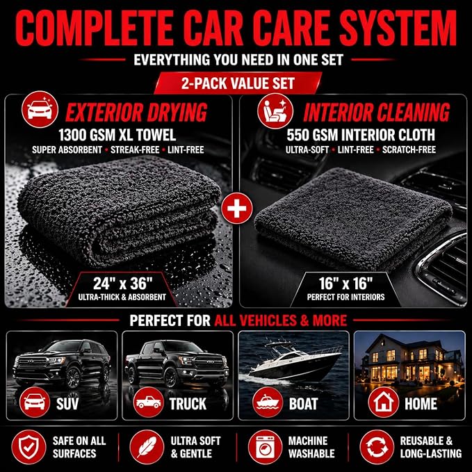 Microfiber Car Drying Towel & Interior Cleaning Cloth Set (2-Piece), 1300 GSM 24” x 36” Twisted Loop + 550 GSM 16” x 16” Coral Fleece, Streak-Free, Scratch-Free, Auto Detailing for Cars, Trucks & SUV