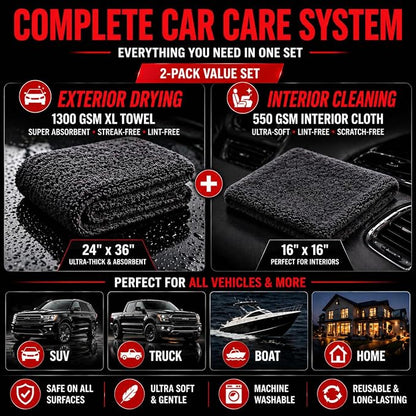 Microfiber Car Drying Towel & Interior Cleaning Cloth Set (2-Piece), 1300 GSM 24” x 36” Twisted Loop + 550 GSM 16” x 16” Coral Fleece, Streak-Free, Scratch-Free, Auto Detailing for Cars, Trucks & SUV