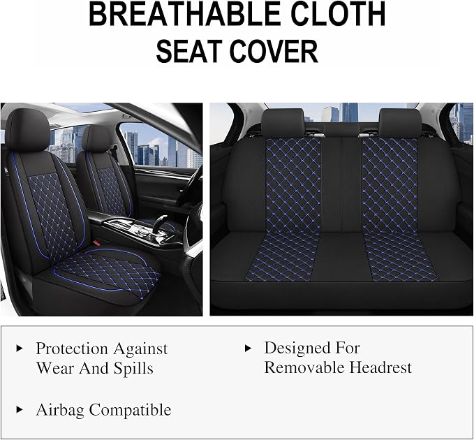 YGL Breathble Car Seat Covers Full Set, Washable Seat Covers for Cars, Premium Cloth Car Seat Protectors, Interior Covers for Cars, Sedan Van Truck SUV(Black/Blue)