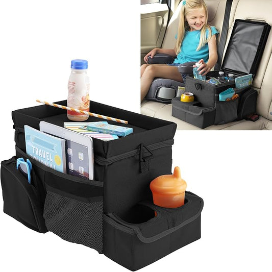 High Road CarHop Car Caddy Organizer with Road Trip Cooler, Car Cup Holder Bin, Sturdy Snack and Play Lid and 6 Organization and Storage Pockets, Black