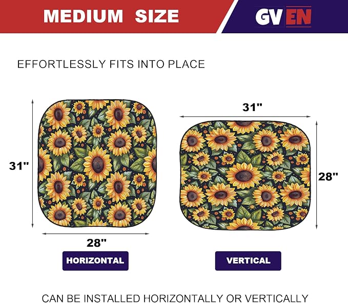 Gven Windshield Sun Shade 2pcs with Bonus Car Sunshade for Front Window Shades 2025 Technology Reflect UV and Heat Sun Visor Automotive Interior Sun Protection (Sunflower, M)