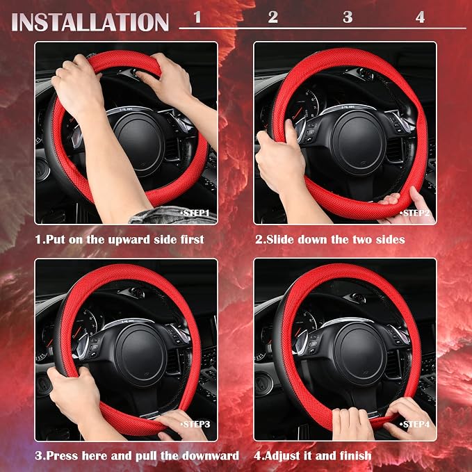 CAR PASS 3D Air Mesh Car Seat Covers Full Sets w/5mm Sponge, 4Pcs Waterproof Car Floor Mats, Steering Wheel Cover Universal Fit for SUV Sedan Truck, Airbag Compatible Automotive Interior(Black & red)