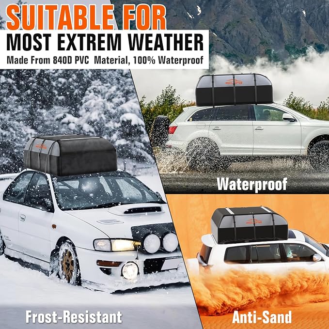 21 Cubic Feet Car Roof Bag 840D Waterproof Rooftop Cargo Carrier Bag for All Cars with/Without Racks Includes Anti-Slip Mat Storage Bag Combination Lock 6 Door Hooks