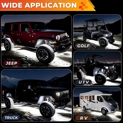 4 Pods Pure White LED Rock Lights Kit with Switch Wiring Harness,6500K 108 LEDs Bright Rock Lights for Trucks,Waterproof Underglow Light for Car Jeep Off Road ATV UTV SUV(Patented)