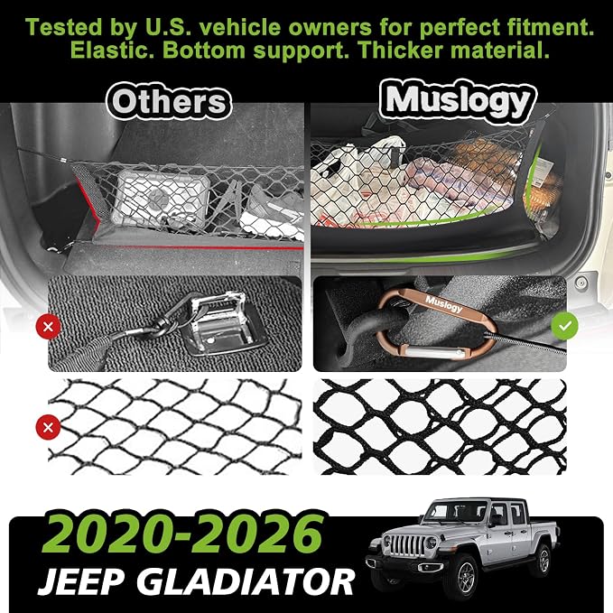 Muslogy Truck Bed Cargo Net Trunk Netting Compatible with Jeep Gladiator 2020-2025 2026 JT Accessories, Pickup Cargo Organizer SUV Sedan Storage Net w/Heavy Duty Carabiners