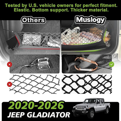 Muslogy Truck Bed Cargo Net Trunk Netting Compatible with Jeep Gladiator 2020-2025 2026 JT Accessories, Pickup Cargo Organizer SUV Sedan Storage Net w/Heavy Duty Carabiners