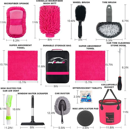 22Pcs Car Wash Cleaning Tools Kit Car Detailing Set with Canvas Bag Pink Collapsible Bucket Wash Mitt Sponge Towels Tire Brush Window Scraper Duster Complete Interior Car Care Kit