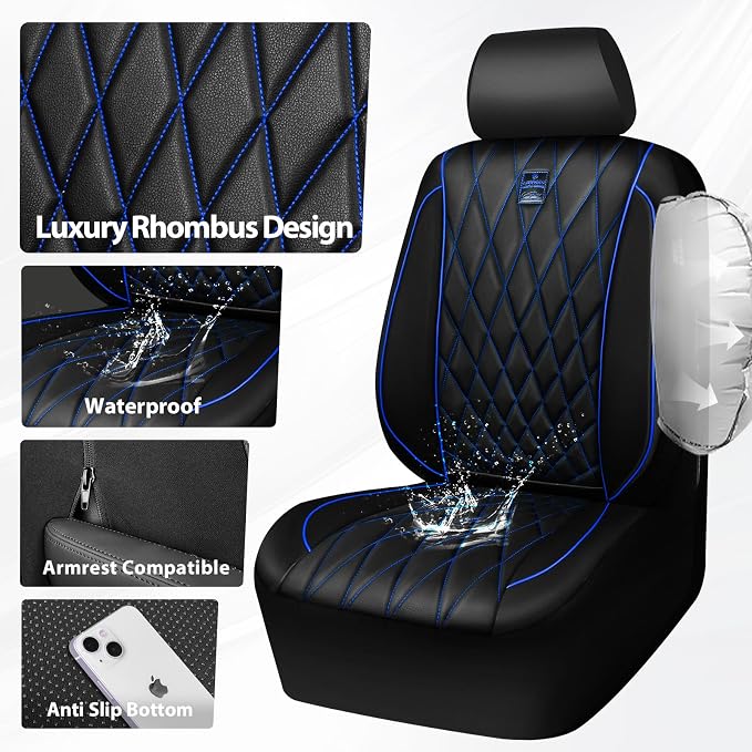 CAR PASS Piping Luxury PU Leather Two Front Car Seat Covers,Waterproof Anti- Slip Seat Covers Compatible with Front Seat Armrests,Universal Fit for Suvs,Vans,Trucks,Airbag Compatible(Black and Blue)