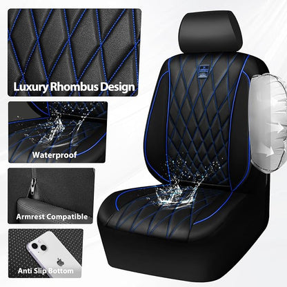 CAR PASS Piping Luxury PU Leather Two Front Car Seat Covers,Waterproof Anti- Slip Seat Covers Compatible with Front Seat Armrests,Universal Fit for Suvs,Vans,Trucks,Airbag Compatible(Black and Blue)
