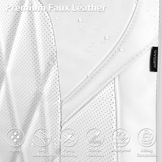 CAR PASS Nappa Leather High Back Front Seat Covers, Tesla Model 3 Model Y Breathable Faux Leather Front Bucket Seat Covers, Anti-Slip Airbag Compatible Universal Fit for Sedan SUV Van Truck, White