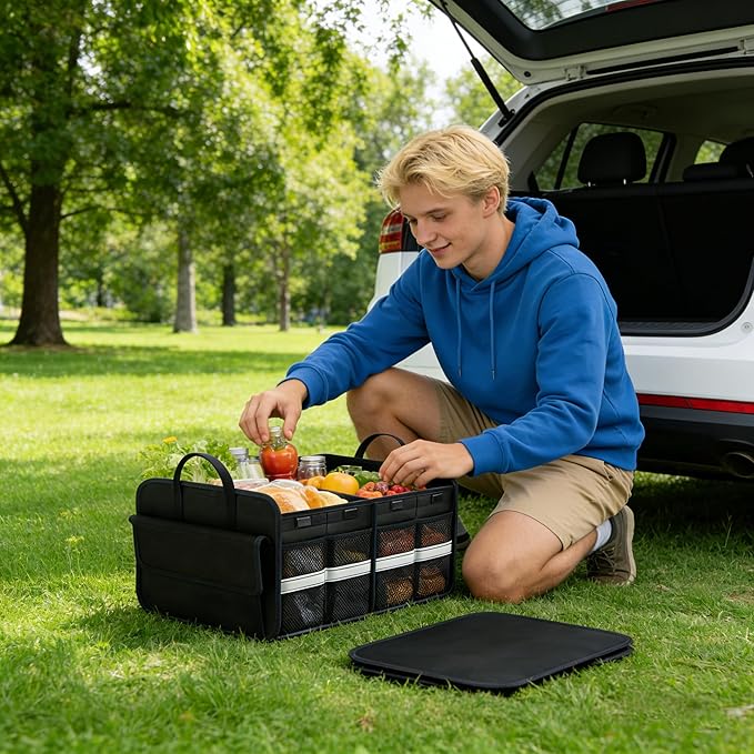 CloudDream Trunk Organizer for Car,70L Large Foldable Waterproof Organizer for SUV,Truck, Van & Sedan,3 Compartments, Black (Black-23.6")