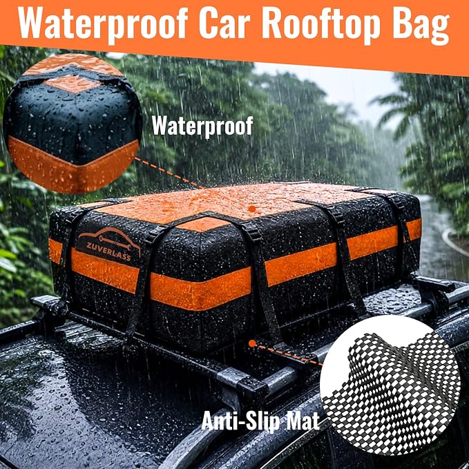 21 Cubic Feet Car Roof Cargo Carrier Bag, Waterproof Rooftop Bag for All Vehicle with/Without Racks, Soft Roof Top Storage Box with Anti-Slip Mat, 6 Door Hooks, Luggage Lock, Black Orange