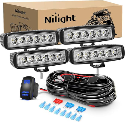 Nilight LED Pods 4PCS 18W 6Inch Flood Offroad Fog Light Bar Waterproof with 16AWG POD Lights Wiring Harness Kit for Boat SUV ATV 4WD Car Truck Golf Cart 12V 24V -4 Leads