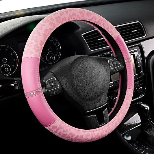 Road Comforts Leopard Steering Wheel Cover for Women, Cute Anti-Slip Microfiber Leather, Universal Fit 14.5-15 Inch Round Steering Wheel - Full Pink