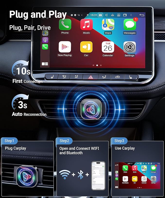 TICARVE 2-in-1 Wireless Apple CarPlay & Android Auto Adapter, Plug & Play CarPlay Wired to Wireless Adapter, Stable Auto-Connect, No Latency, iOS 10+ & Android 11+, USB/USB-C Extension Cable