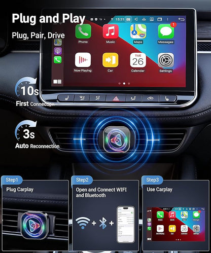 TICARVE 2-in-1 Wireless Apple CarPlay & Android Auto Adapter, Plug & Play CarPlay Wired to Wireless Adapter, Stable Auto-Connect, No Latency, iOS 10+ & Android 11+, USB/USB-C Extension Cable