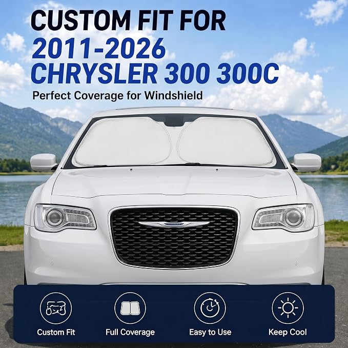 Custom Fit Windshield Sun Shade for Chrysler 300 300C 2011-2026 | Custom Fit Windshield Cover, Blocks UV Rays, Double-Layer Heat Shield, Durable Frame, Easy Fold & Storage