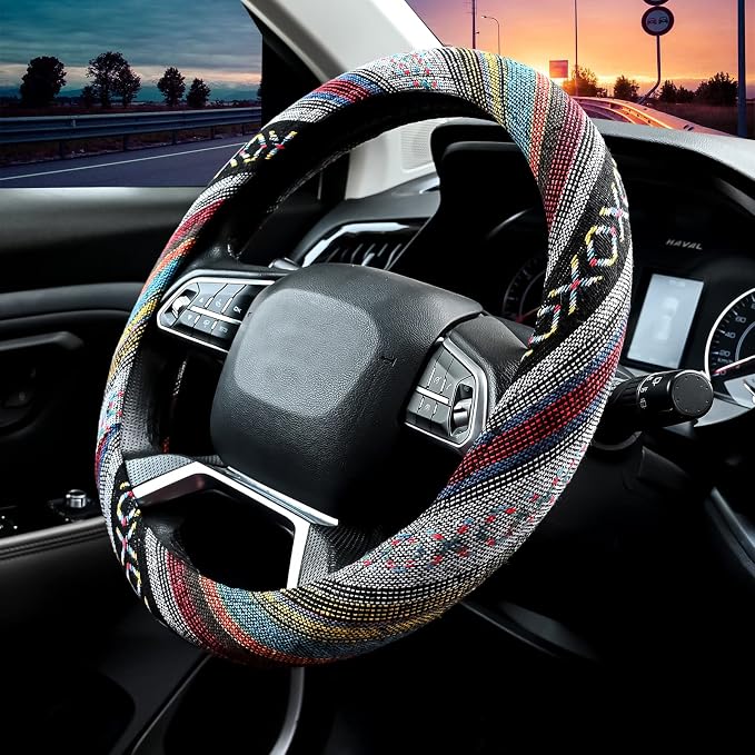 Valleycomfy Cloth Steering Wheel Covers for Women Bohemian Universal 15 inch Baja Blanket Enthic Grey