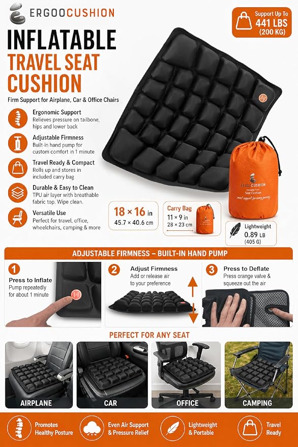Inflatable Travel Seat Cushion with Built‑in Manual Pump, Adjustable Firmness & Compact Storage –Firm Support for Airplane, Car & Office Chairs, Large Generous Fit 18x16x2.1", Carry Bag Included