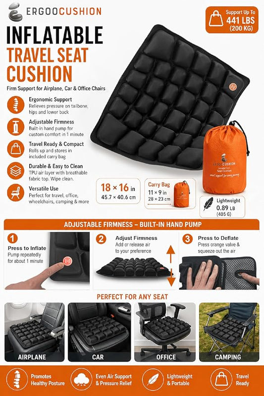 Inflatable Travel Seat Cushion with Built‑in Manual Pump, Adjustable Firmness & Compact Storage –Firm Support for Airplane, Car & Office Chairs, Large Generous Fit 18x16x2.1", Carry Bag Included