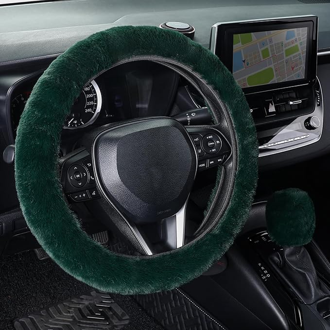 SEG Direct Furry Car Steering Wheel Cover with Gear Shift Cover, Soft and Warm, Cute Fluffy Auto Decor for Women Men, Standard Size, 2 PCS Set, Dark Green